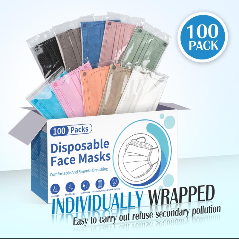 FENFEN Disposable Face Masks for Adults - 100 Pack Individually Wrapped, 4 Ply Protection, Fashion 10 Colors Facemask, Breathable and Comfortable Safety Lightweight Masks Disposable for Women & Men - Image 4