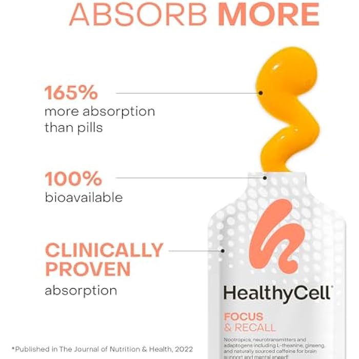 Healthycell Focus & Recall, Daily Liquid Brain Supplement for Focus & Memory - Nootropics Supplement for Concentration & Alertness with L-Theanine, Omega-3 & Taurine - 14 Gel Packs - Image 3