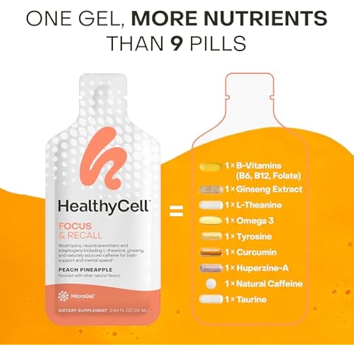 Healthycell Focus & Recall, Daily Liquid Brain Supplement for Focus & Memory - Nootropics Supplement for Concentration & Alertness with L-Theanine, Omega-3 & Taurine - 14 Gel Packs - Image 4