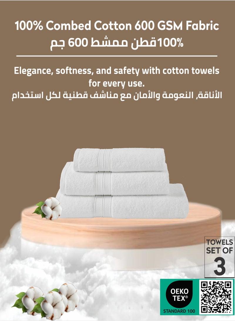 Donetella Premium Towel 3-Pcs Set, 100% Combed Cotton 600 GSM, Highly Absorbent, Quick Dry Towel Set Include 1 Bath Towel, 1 Bath Sheet, 1 Hand Towel, Best Set for Bathroom Gym, Hotel And Spa,White  - Image 3