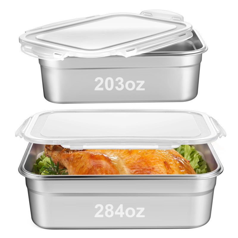 Tiangrid 2pcs Large Stainless Steel Marinating Containers with Lids, Food Storage Containers for Refrigerator, Leak-proof & Stackable for Meal Prep,Turkey, Meat, Bacon(284oz/8.9oz＋203oz/6.3oz) - Image 1