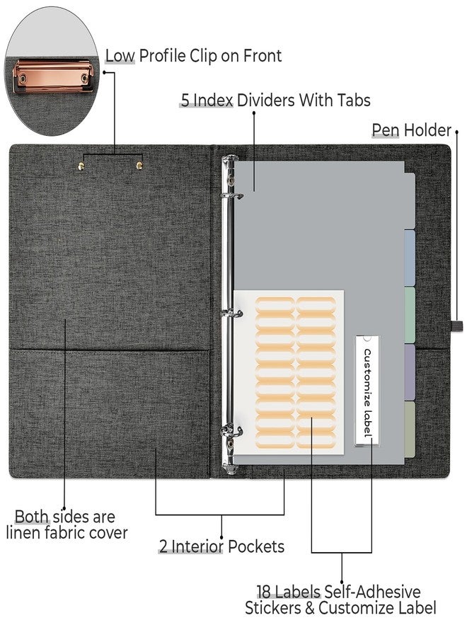 EYROZILL 3 Ring Binder, 1 Inch Linen Binder Organizer for Letter Size (8.5" x 11") with 5 Tab Dividers, File Folder Labels and Low Profile Clipboards, School and Office Supplies- Darkgrey - Image 2