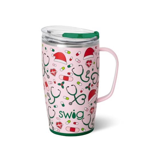 Swig Life 18oz Travel Mug Insulated Tumbler with Handle and Lid Travel Coffee Mug Cup Holder Friendly Stainless Steel 18 oz Tumbler Reusable Insulated with Lid Santas Scrubs - Image 1