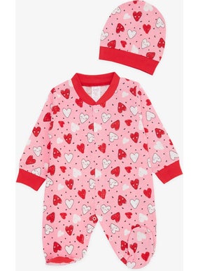 Breeze Baby Girl Booties Jumpsuit Colorful Smiley Face Patterned 0-3 Months-6 Months, Pink  - Image 1