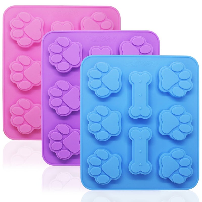 3 Pcs Silicone Molds Puppy Dog Paw Bone Shaped 2 in 1 8Cavity FineGood Reusable Ice Candy Trays Chocolate Cookies Baking Pans Oven Microwave Freezer Dishwasher SafePink Blue Purple