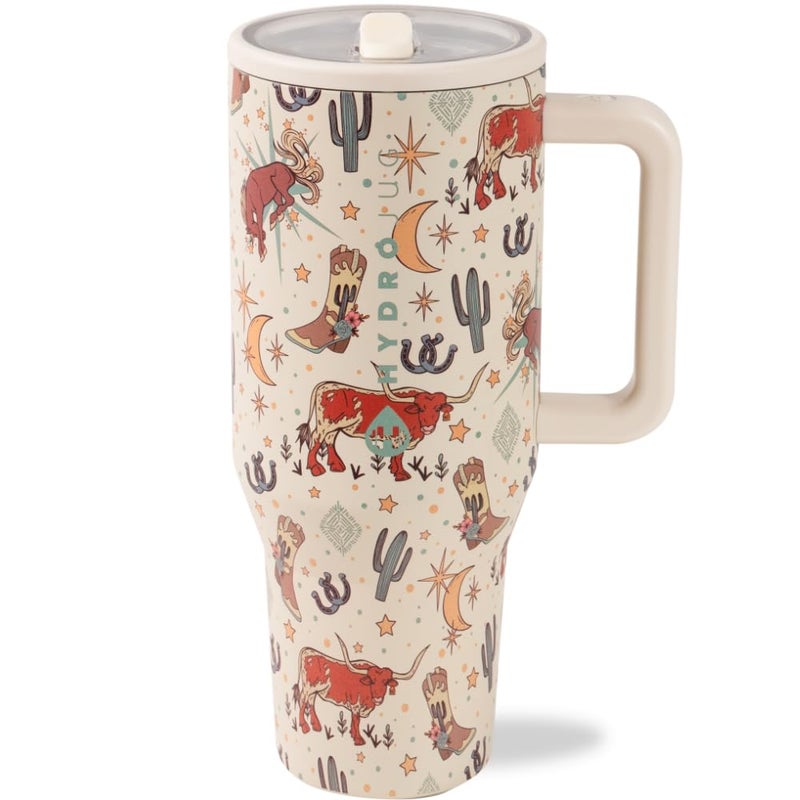 HydroJug هيدروجوج ترافيلر - زجاجة ماء سعة 40 أونصة مع مقبض وقشة قابلة للطي - تناسب حاملة الأكواب، كوب مقاوم للتسرب - مصنوع من الفولاذ المقاوم للصدأ وقاعدة مطاطية قابلة لإعادة الاستخدام - هدايا للنساء والرجال، روديو - Image 1