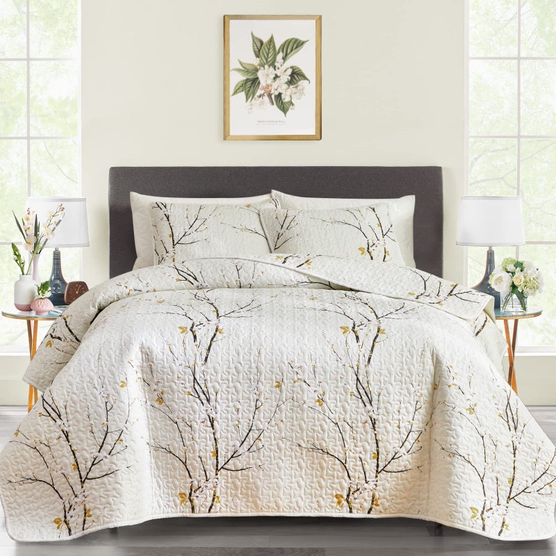 Quilt Set Queen Size Cream White with Black Branch Bedding Set 88x88 Soft Microfiber Lightweight Coverlet Bedspread Summer 3 Pc Bed Cover for 1 Quilt 2 Shams