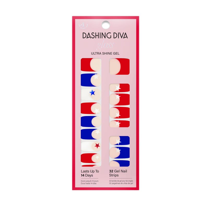 Dashing Diva Patriotic Gloss Nail Strips - All American - UV Free, Chip Resistant, Long Lasting Gel Nail Stickers - 3-Piece Manicure Set - Contains 32 Wraps, 1 Prep Pad, 1 File - Image 1