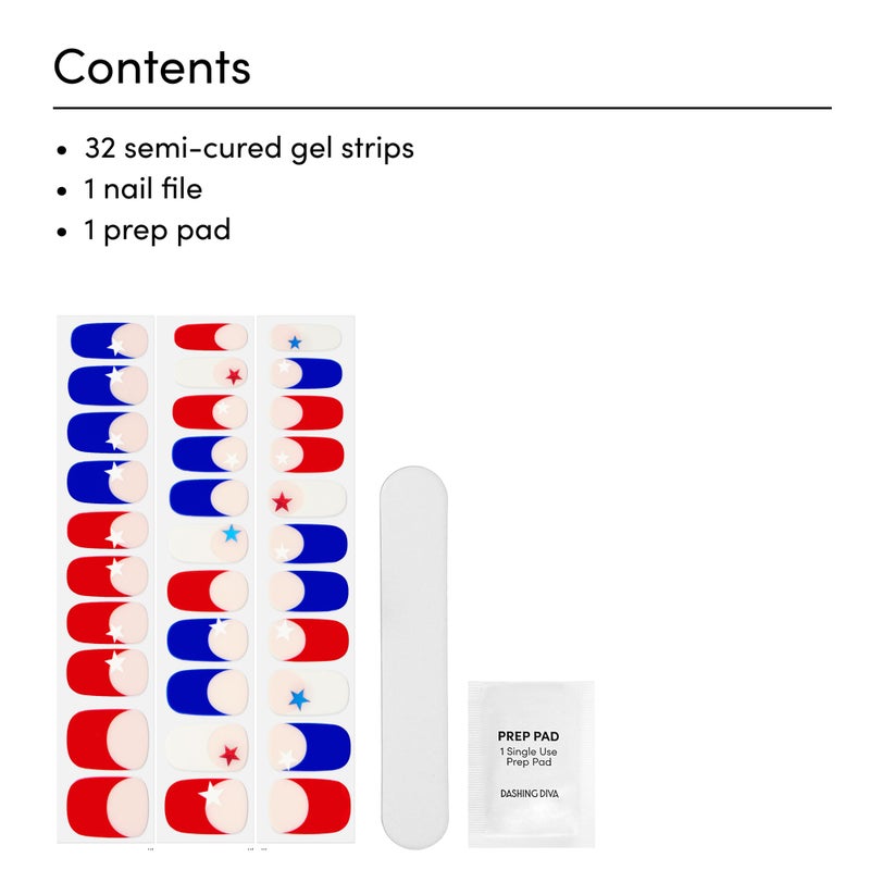 Dashing Diva Patriotic Gloss Nail Strips - All American - UV Free, Chip Resistant, Long Lasting Gel Nail Stickers - 3-Piece Manicure Set - Contains 32 Wraps, 1 Prep Pad, 1 File - Image 3