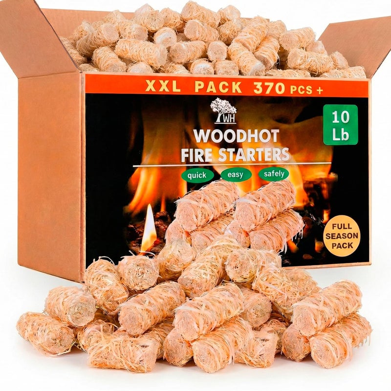 WH 370 pcs Natural Fire Starters for Campfires & Grill - 10lb Large Box - Long-Burning Charcoal Starters - Odorless Firestarters for Outdoor Fire Pit, Fireplace - Quick Ignite - Image 1