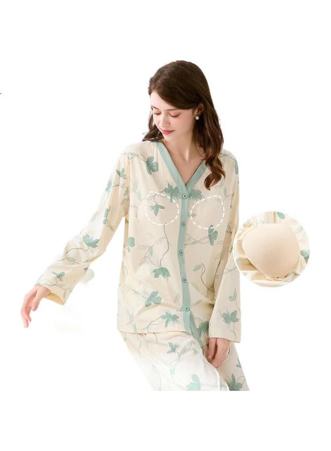 Fenton Fenteng Women'S Cotton Pajamas With Chest Pad Xinjiang Cotton Spring V-Neck Cardigan Long Sleeve Set - Image 1