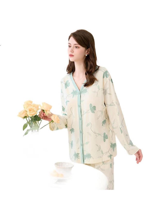Fenton Fenteng Women'S Cotton Pajamas With Chest Pad Xinjiang Cotton Spring V-Neck Cardigan Long Sleeve Set - Image 2
