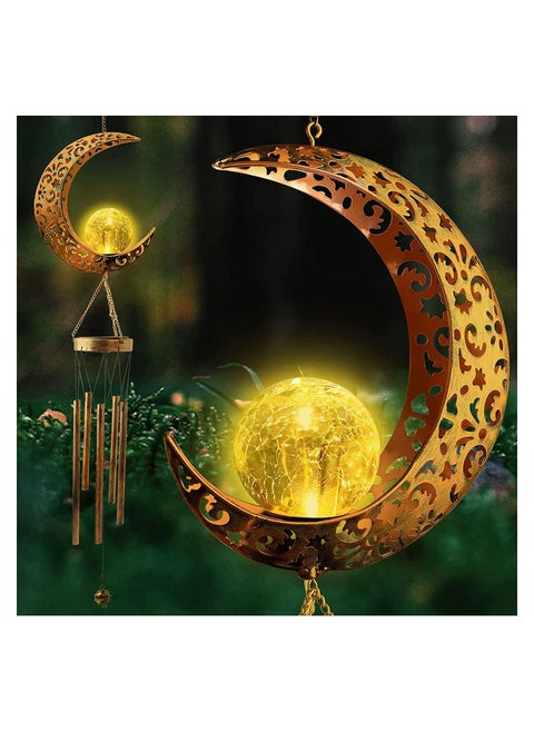 Ramadan Moon Crackle Glass Ball Wind Chimes Solar Moon Night Light Casting Shadows Garden Decor Retro Copper Large Wind Bells