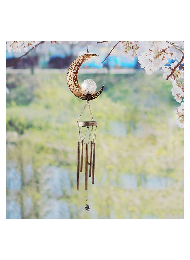 Ramadan Moon Crackle Glass Ball Wind Chimes Solar Moon Night Light Casting Shadows Garden Decor Retro Copper Large Wind Bells
