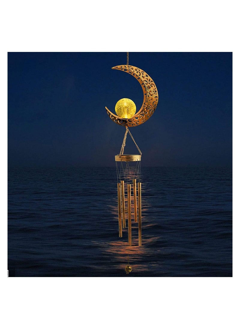 Ramadan Moon Crackle Glass Ball Wind Chimes Solar Moon Night Light Casting Shadows Garden Decor Retro Copper Large Wind Bells