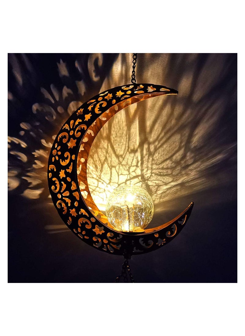 Ramadan Moon Crackle Glass Ball Wind Chimes Solar Moon Night Light Casting Shadows Garden Decor Retro Copper Large Wind Bells
