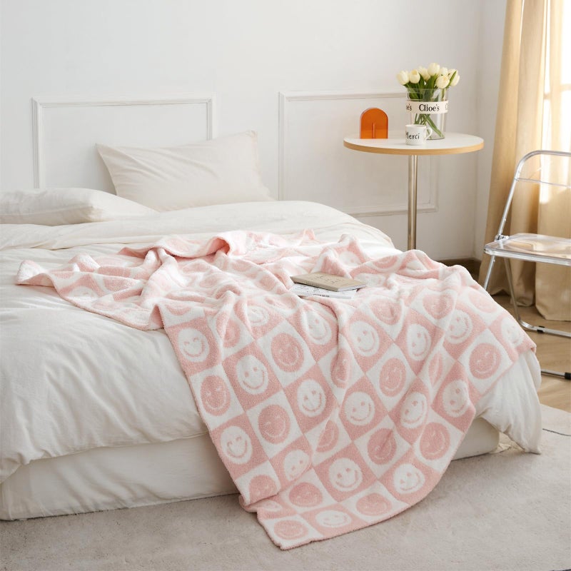YIRUIO with Smiley Faces Checkerboard Throw Blankets Checkered Reversible Microfiber Super Soft Warm Cozy Fluffy Shaggy Blanket for Home Office Couch Bed Sofa Decor Soft Pink