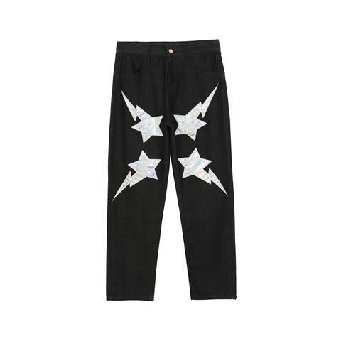 TRB original national trend hip-hop street lightning five-pointed star patch loose casual wide leg hiphop jeans trend Silver stars spot 