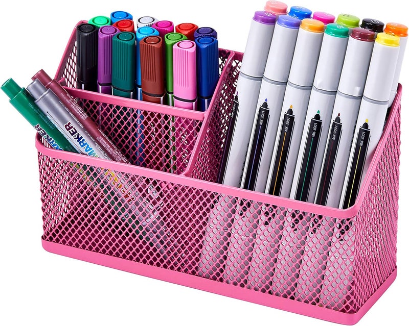 LockerMate Magnetic Pencil Holder Locker Organizer with 3 Mesh Storage Compartments Pink - Image 1