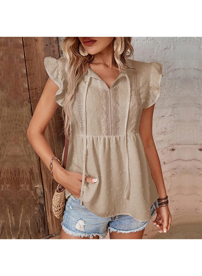 VUELO Independent Station Summer New Lotus Leaf Sleeve Top European And American Women's Casual Design Stitching Pullover Shirt  - Image 1