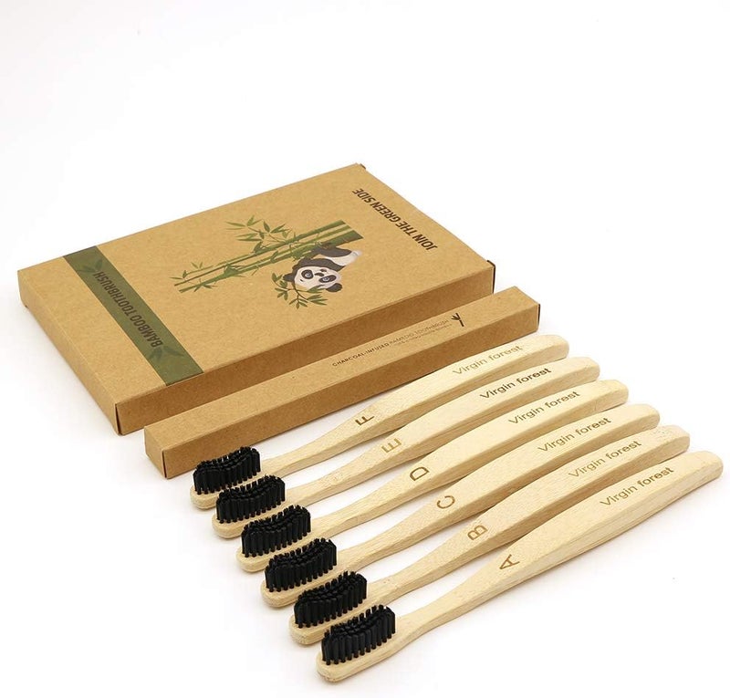 Virgin Forest Bamboo Toothbrush 6pk, Charcoal Bristles, BPA-Free, Eco Biodegradable - Image 2