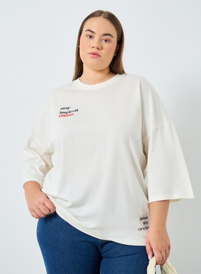 Styli Plus Size Cream Slogan Print T-Shirt - Image 1