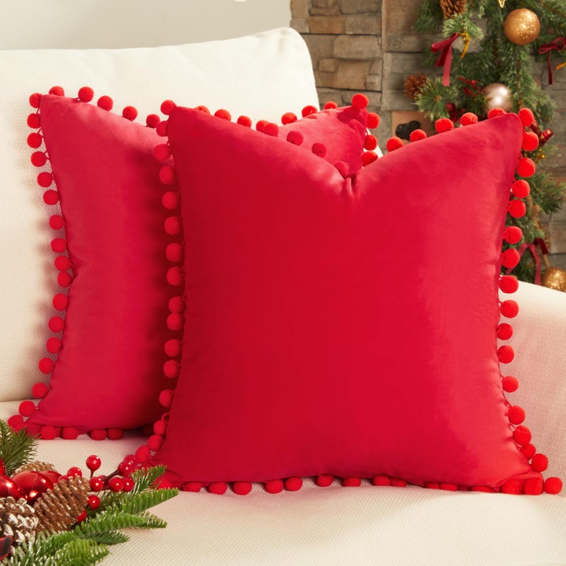 Topfinel Top Finel Red Decorative Pillow Covers 20x20 Set of 2 for Couch Throw Pillow Covers with Pom Poms  Soft Square Velvet Sofa Pillow Cases for Bedroom Living Room Home Decor - Image 1