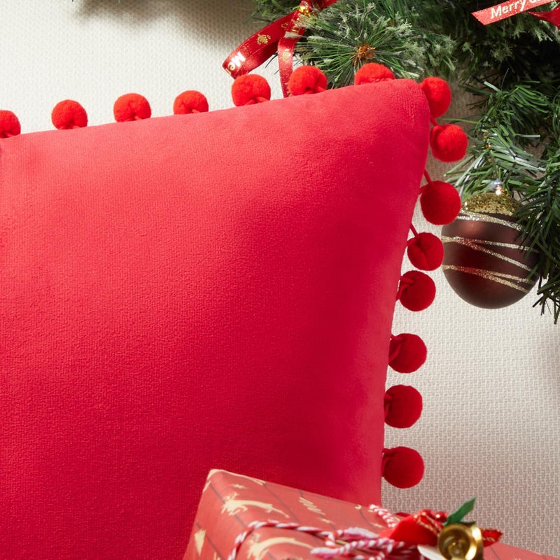 Topfinel Top Finel Red Decorative Pillow Covers 20x20 Set of 2 for Couch Throw Pillow Covers with Pom Poms  Soft Square Velvet Sofa Pillow Cases for Bedroom Living Room Home Decor - Image 2