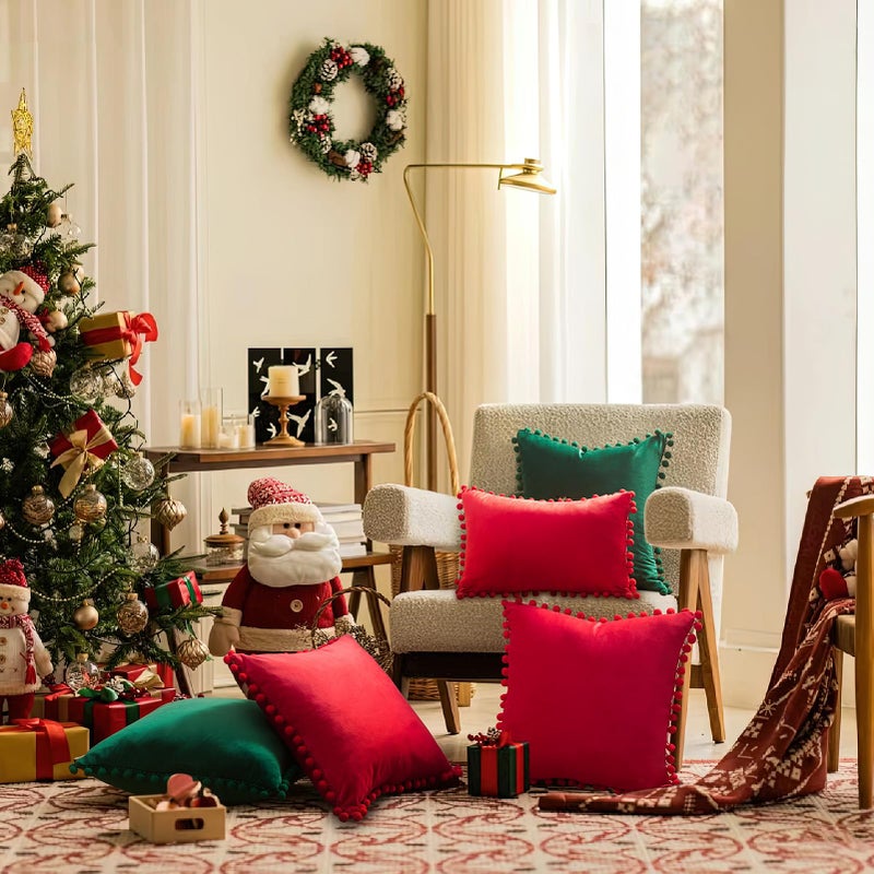 Topfinel Top Finel Red Decorative Pillow Covers 20x20 Set of 2 for Couch Throw Pillow Covers with Pom Poms  Soft Square Velvet Sofa Pillow Cases for Bedroom Living Room Home Decor - Image 5