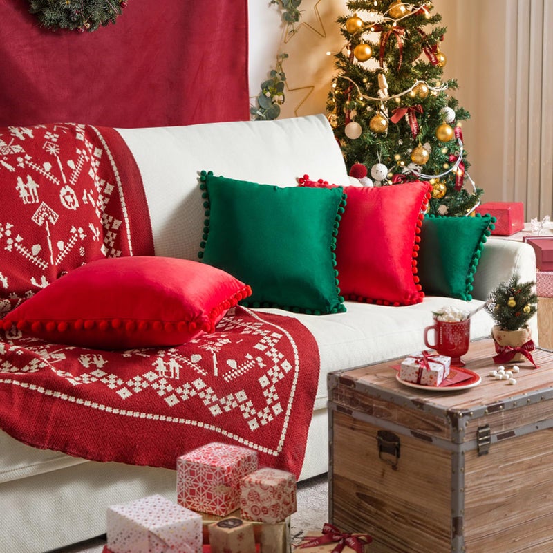 Topfinel Top Finel Red Decorative Pillow Covers 20x20 Set of 2 for Couch Throw Pillow Covers with Pom Poms  Soft Square Velvet Sofa Pillow Cases for Bedroom Living Room Home Decor - Image 4