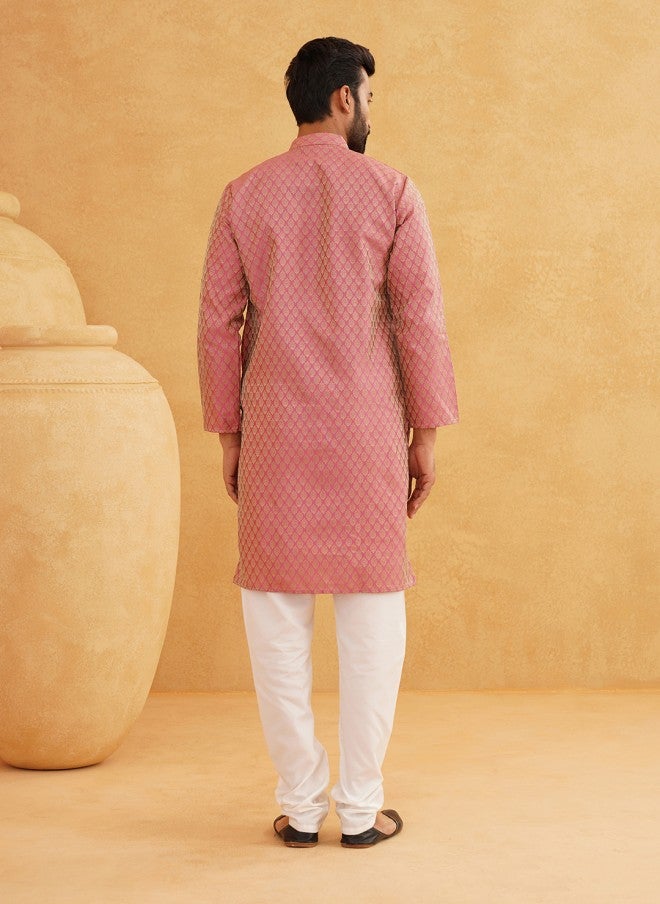 Sojanya Pink & Beige Ethnic Motifs Jacquard Woven Kurta for Men - Image 5