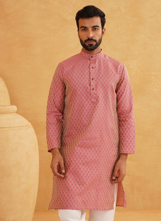 Sojanya Pink & Beige Ethnic Motifs Jacquard Woven Kurta for Men - Image 2