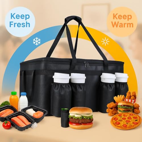 CIVJET Insulated Food Delivery Bag with 4 Cup Holder, XX-Large Insulated Grocery Bags with Zippered Top, Cooler Bags with Drink Carrier, Food Carrier Catering Bag, Commercial Food Warmers, Black - Image 3