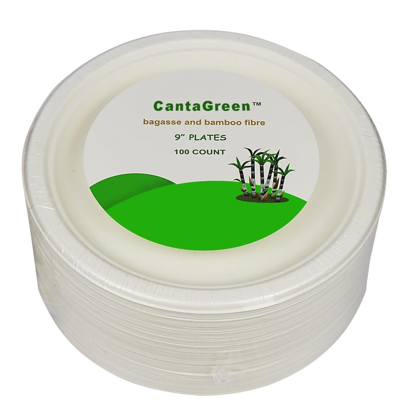 CantaGreen 9 inch Compostable Plates 100 Count Heavyduty SugarcaneBagasse and Bamboo Fibre Biodegradable Disposable Paper Plate