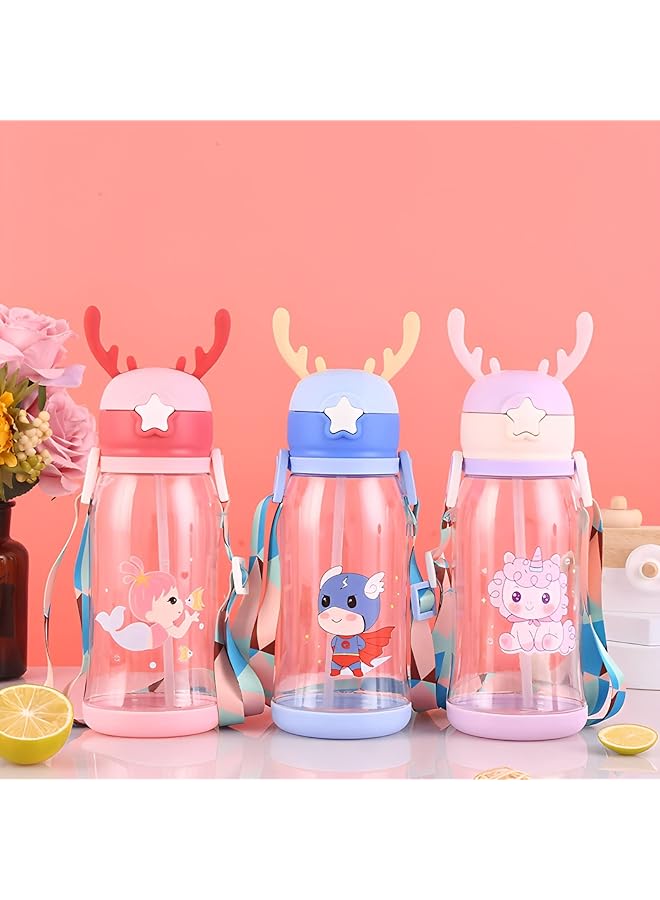 إيروريكس زجاجة مياه للأطفال في المدارس، زجاجات مانعة للتسرب مع قشة وملصقات كرتونية وحزام ملون، خالية من مادة BPA، تريتان، تفتح بنقرة واحدة، أخضر، وردي غامق - Image 3