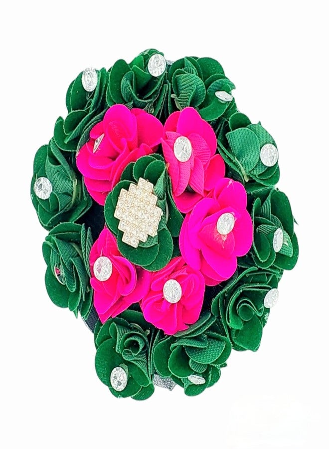 DIAN Green & Pink Full Bun Juda Maker Flower Gajra Hair Accessories, Artificial Juda Hair Accessories, Gajra Hair Accessories Rubber Band for Women and Girls, Flower Work Juda - Image 1