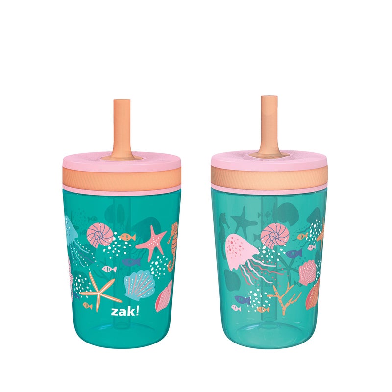 Zak Designs Kelso 15 oz Tumbler Set, (Shells) Non-BPA Leak-Proof Screw-On Lid with Straw Made of Durable Plastic and Silicone, Perfect Baby Cup Bundle for Kids (2pc Set) - Image 1