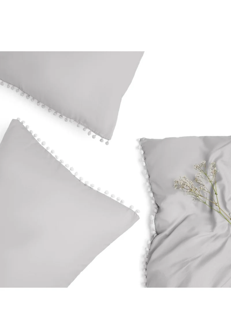 Donetella Duvet Set 3-Pcs Single Size Pom Pom Super Soft Solid Comforter Cover Without Filler, Withe hidden Zipper Closure and Corner Ties, Grey