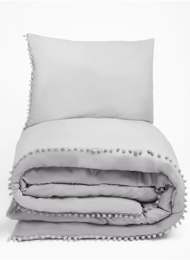 Donetella Duvet Set 3-Pcs Single Size Pom Pom Super Soft Solid Comforter Cover Without Filler, Withe hidden Zipper Closure and Corner Ties, Grey
