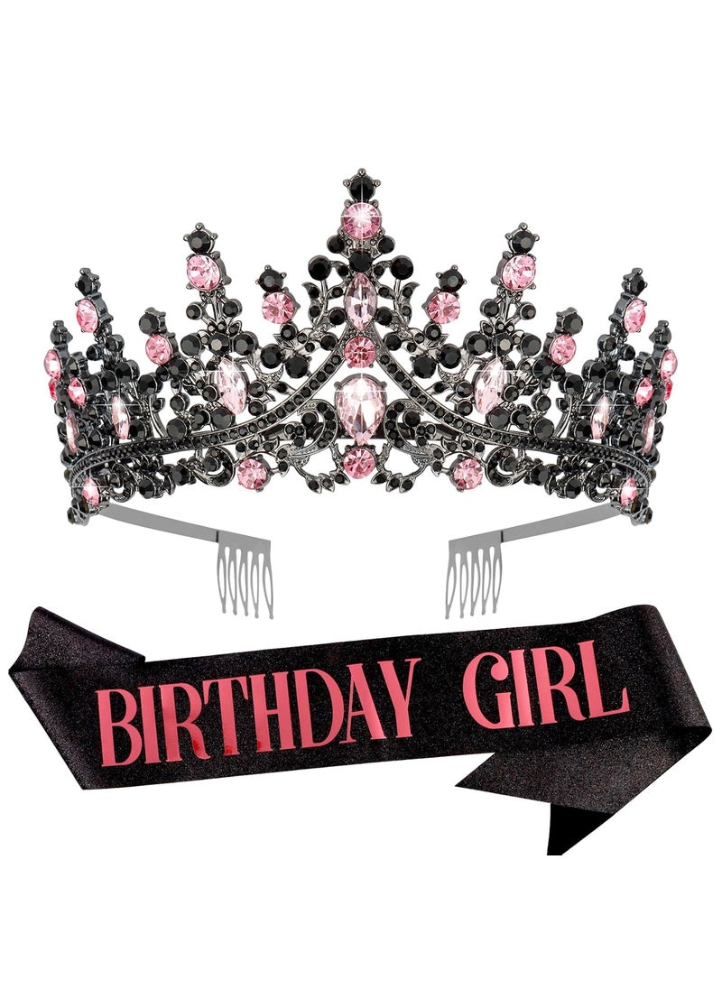 Velscrun Velscrun PinkBlack Crystal Birthday Tiara Crowns for Women Girls Elegant Princess Crown with Combs Birthday Girl Headband Sash Happy Birthday Party Decorations Birthday Gift Hair Accessories 