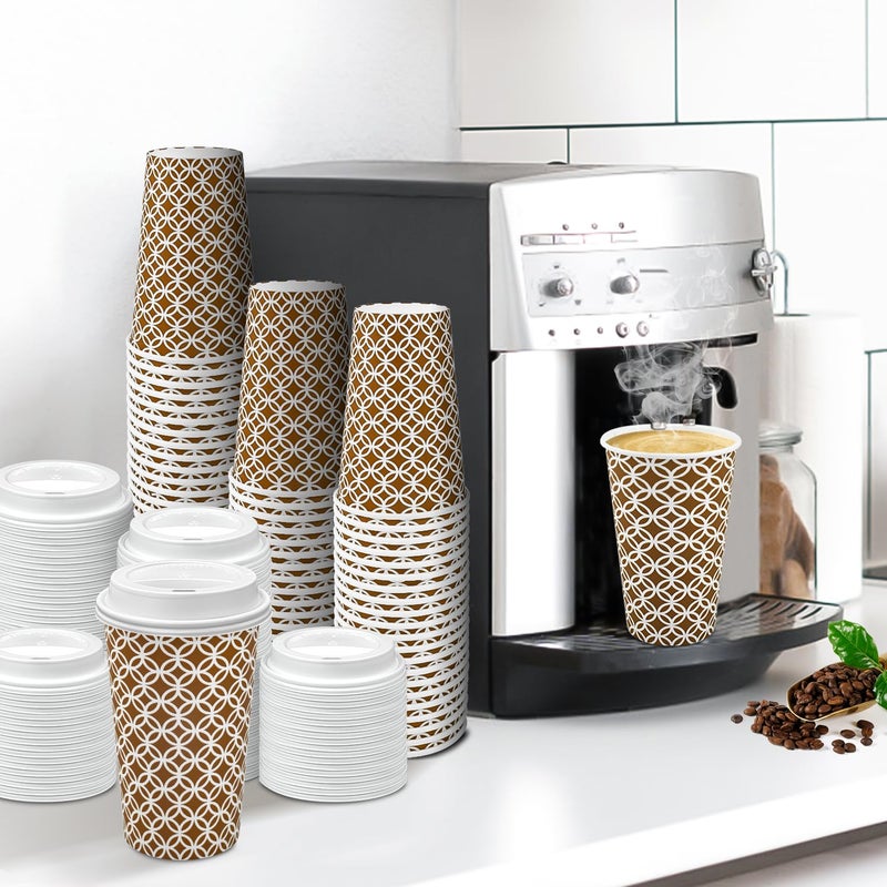 Ginkgo 100 Pack Disposable To Go Coffee Cups with Lids 16 oz  Brown Minimalist Pattern Paper Hot CoCoa Cups Suitable for Travel  Party  Shops Cafes - Image 5