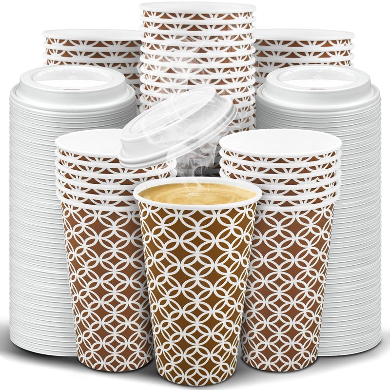 Ginkgo 100 Pack Disposable To Go Coffee Cups with Lids 16 oz  Brown Minimalist Pattern Paper Hot CoCoa Cups Suitable for Travel  Party  Shops Cafes - Image 1