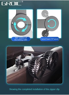 GROIC مروحة سيارة USB، مروحة بمشبك رأس مزدوج قابلة للتعديل بزاوية 360 درجة، مروحة هواء تبريد قابلة للدوران لركاب المقعد الخلفي، مروحة مقعد السيارة المحمولة، مسند الرأس، مروحة تبريد السيارة للمركبات، سيارات الدفع الرباعي، RV، القارب  - Image 3
