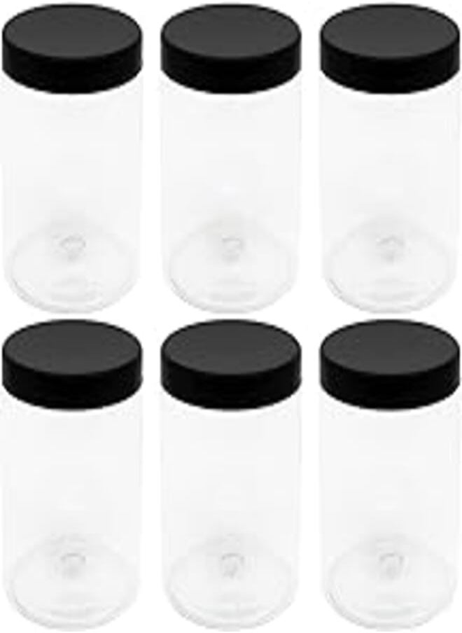 ARTISTIC - 6 Pieces 700ml Clear White Plastic Jar - Diameter 9 Centi - Black Smooth Lid & Plastic Medicine - High Quality and Healthy Plastic Void Refill Jar Storage Cans Empty Cans - By Funoni (Black) - Image 1