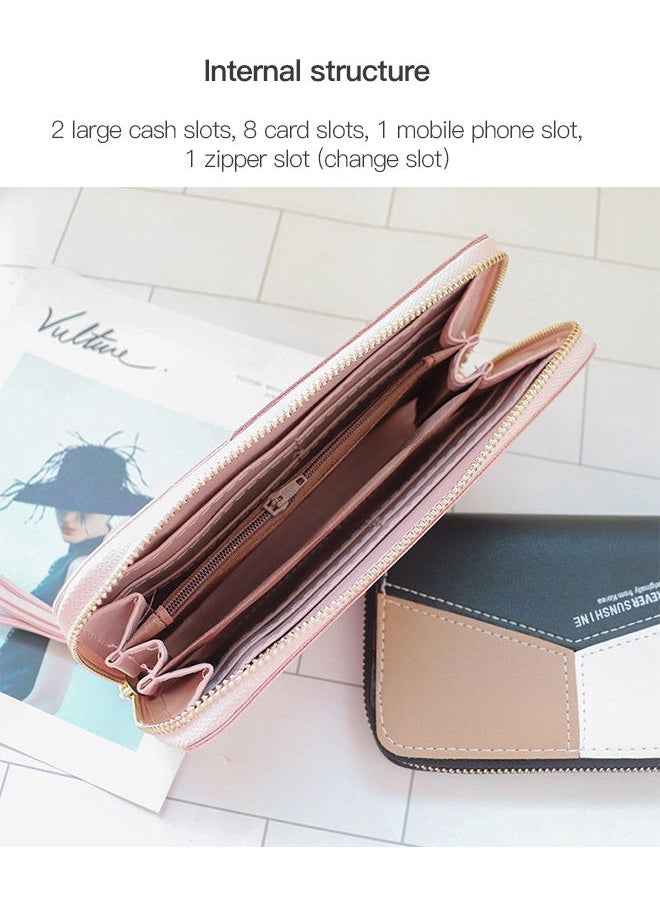 Generic - Contrast Panel Zipper Tassel Ladies Long Wallet for Women Clutch Money Bag with Hangings 19*9.5*3cm - Image 1