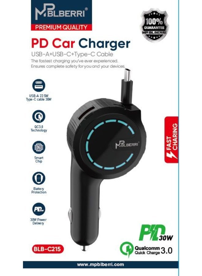 MPBLBERRI 30W PD Car Charger with USB-A & USB-C, Qualcomm Quick Charge 3.0 Fast Charging Adapter With Inbuild Cable (BLB-C215) - Image 3