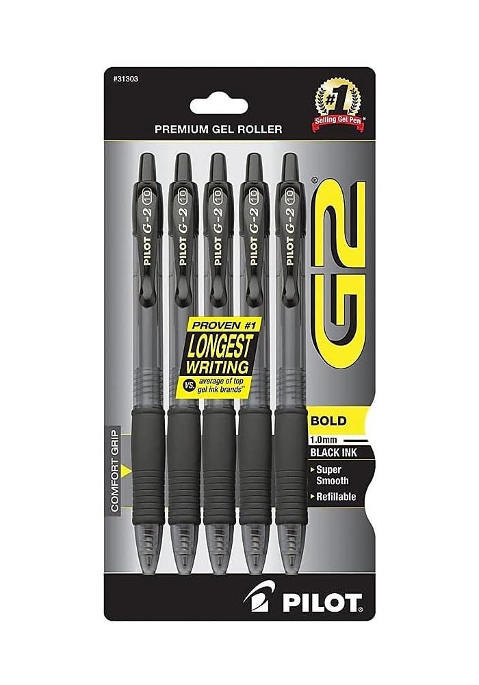 Pilot G2 Retractable Premium Gel Ink Roller Ball Pens, Bold Point, 5-Pack, Black Ink - Image 1