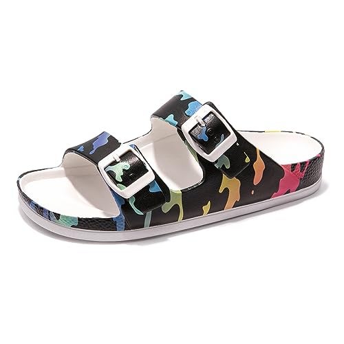 FUNKYMONKEY Women's Plastic Sandals New Upgrade Quality EVA Waterproof Double Buckle Adjustable Slides Shoes (9 M US,Camouflage on black/XPZ) - Image 1