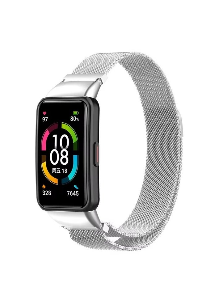Generic Replacement Band for Huawei Band 7/Honor Band 7 Band Magnetic Stainless Steel Strap Loop Watch Band Sports Straps (Silver)  - Image 1