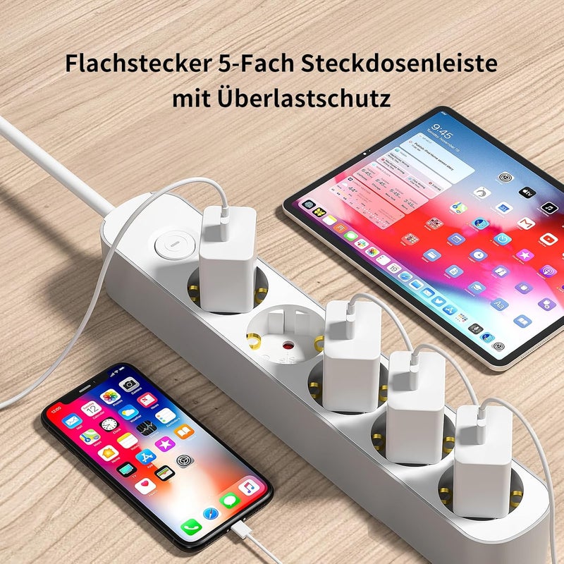 realmade Power Strip 5-Way Multiple Socket with Switch 5 m, Flat Plug Socket with Child Lock, 5-Way Power Strip for Household Appliances, Computer, Mobile Phone Charge, Office, Bedroom, Family - Image 2